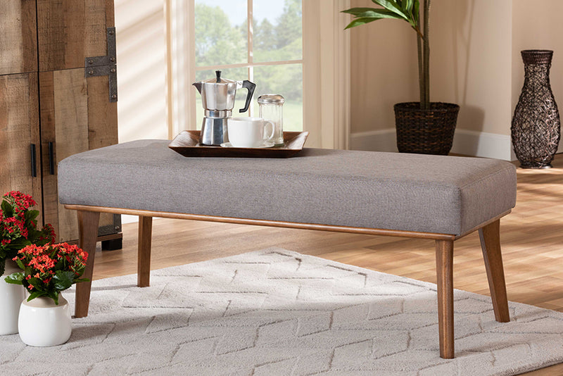 Adelie Mid-Century Modern Gray Fabric Upholstered and Walnut Brown Finished Wood Dining Bench