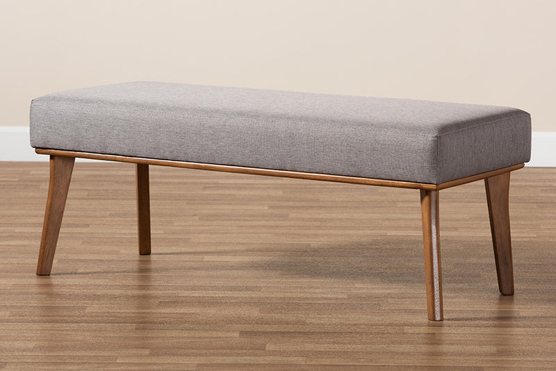 Adelie Mid-Century Modern Gray Fabric Upholstered and Walnut Brown Finished Wood Dining Bench