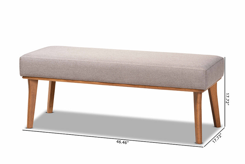 Adelie Mid-Century Modern Gray Fabric Upholstered and Walnut Brown Finished Wood Dining Bench