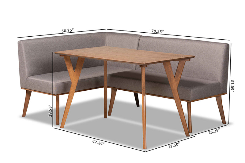 Adelie Mid-Century Modern Gray Fabric Upholstered and Walnut Brown Finished Wood 3-Piece Dining Nook Set