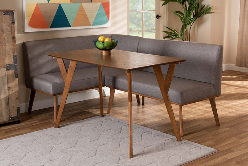 Adelie Mid-Century Modern Gray Fabric Upholstered and Walnut Brown Finished Wood 3-Piece Dining Nook Set