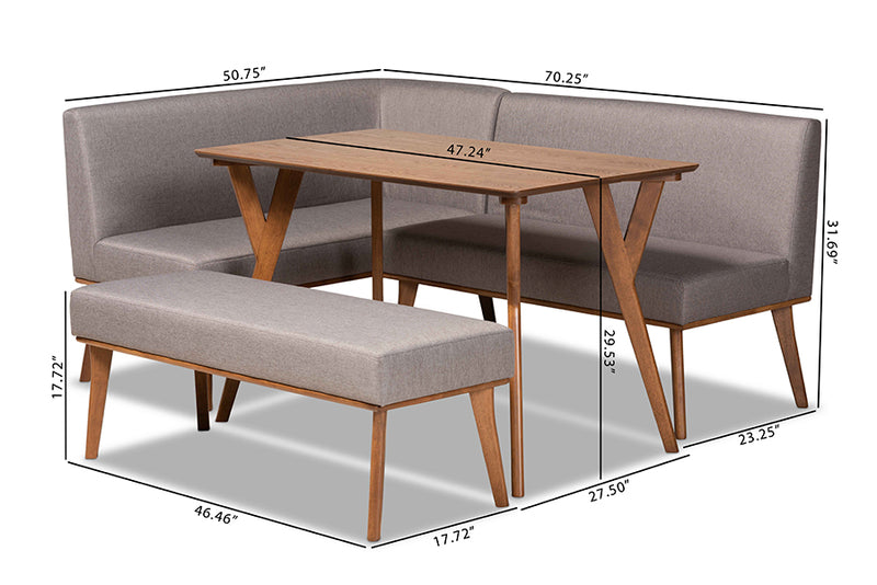 Adelie Mid-Century Modern Gray Fabric Upholstered and Walnut Brown Finished Wood 4-Piece Dining Nook Set