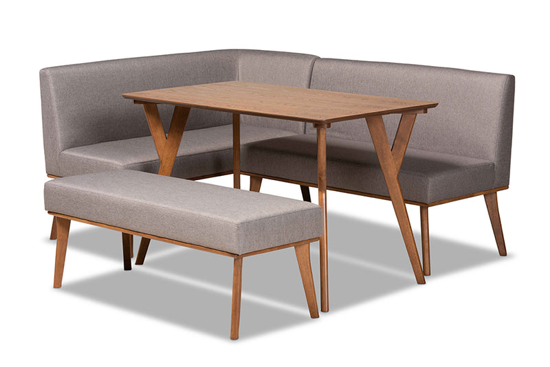 Adelie Mid-Century Modern Gray Fabric Upholstered and Walnut Brown Finished Wood 4-Piece Dining Nook Set