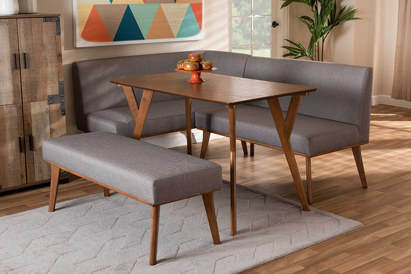 Adelie Mid-Century Modern Gray Fabric Upholstered and Walnut Brown Finished Wood 4-Piece Dining Nook Set