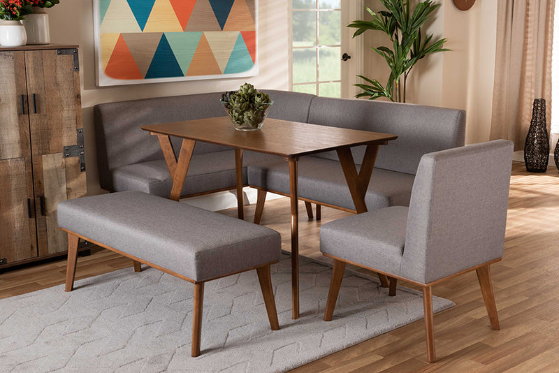 Adelie Mid-Century Modern Gray Fabric Upholstered and Walnut Brown Finished Wood 5-Piece Dining Nook Set