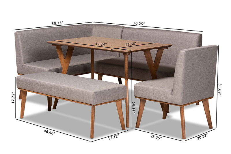 Adelie Mid-Century Modern Gray Fabric Upholstered and Walnut Brown Finished Wood 5-Piece Dining Nook Set