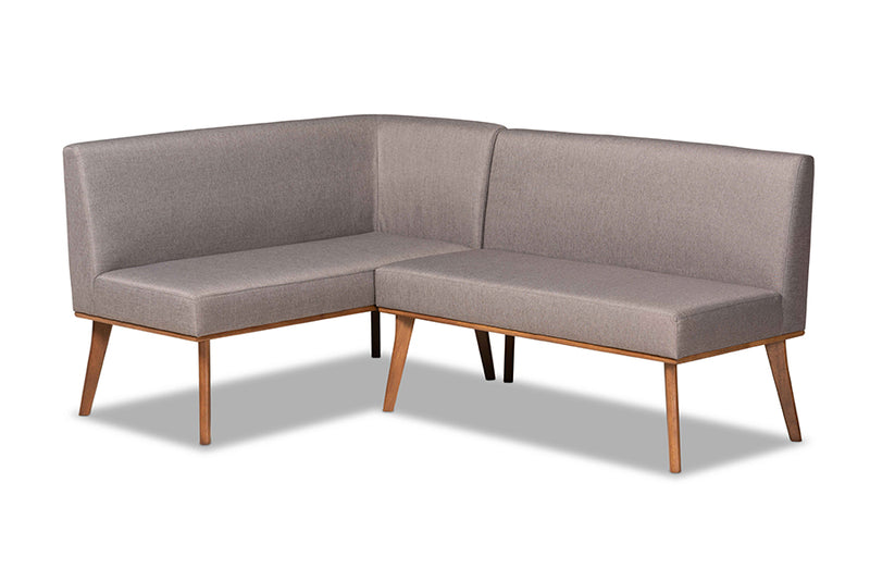 Adelie Mid-Century Modern Gray Fabric Upholstered and Walnut Brown Finished 2-Piece Wood Dining Nook Banquette Set