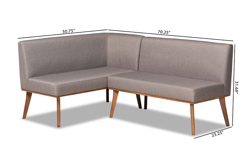 Adelie Mid-Century Modern Gray Fabric Upholstered and Walnut Brown Finished 2-Piece Wood Dining Nook Banquette Set