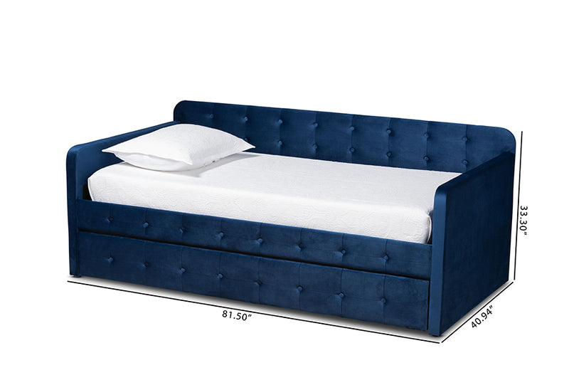 Avery Modern and Contemporary Navy Blue Velvet Fabric Upholstered and Button Tufted Twin Size Daybed w/Trundle