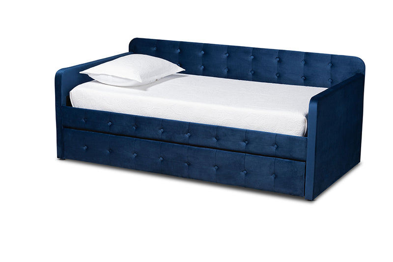 Avery Modern and Contemporary Navy Blue Velvet Fabric Upholstered and Button Tufted Twin Size Daybed w/Trundle