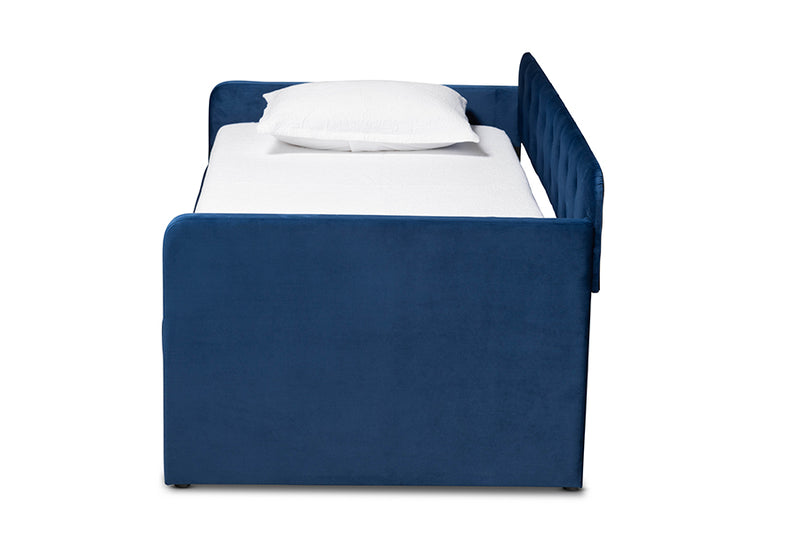 Avery Modern and Contemporary Navy Blue Velvet Fabric Upholstered and Button Tufted Twin Size Daybed w/Trundle