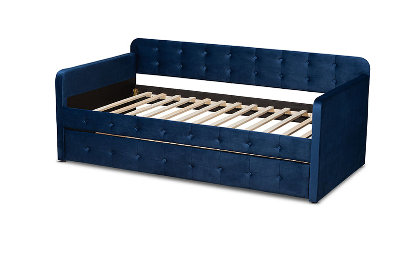 Avery Modern and Contemporary Navy Blue Velvet Fabric Upholstered and Button Tufted Twin Size Daybed w/Trundle