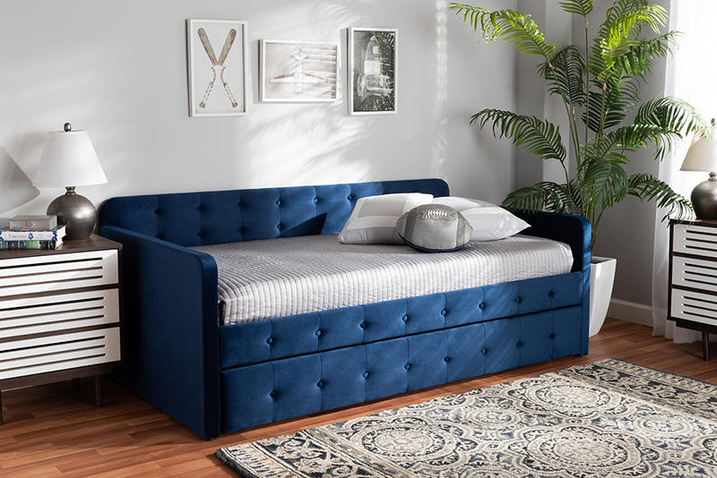 Avery Modern and Contemporary Navy Blue Velvet Fabric Upholstered and Button Tufted Twin Size Daybed w/Trundle