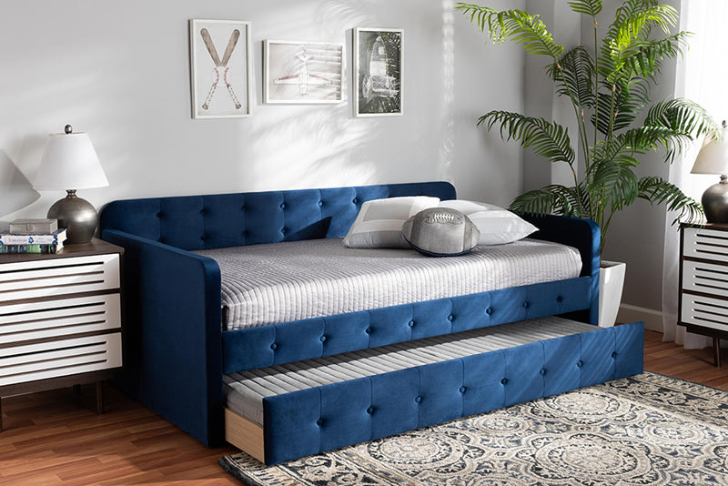 Avery Modern and Contemporary Navy Blue Velvet Fabric Upholstered and Button Tufted Twin Size Daybed w/Trundle