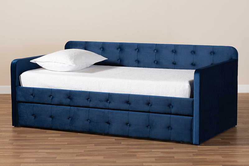 Avery Modern and Contemporary Navy Blue Velvet Fabric Upholstered and Button Tufted Twin Size Daybed w/Trundle