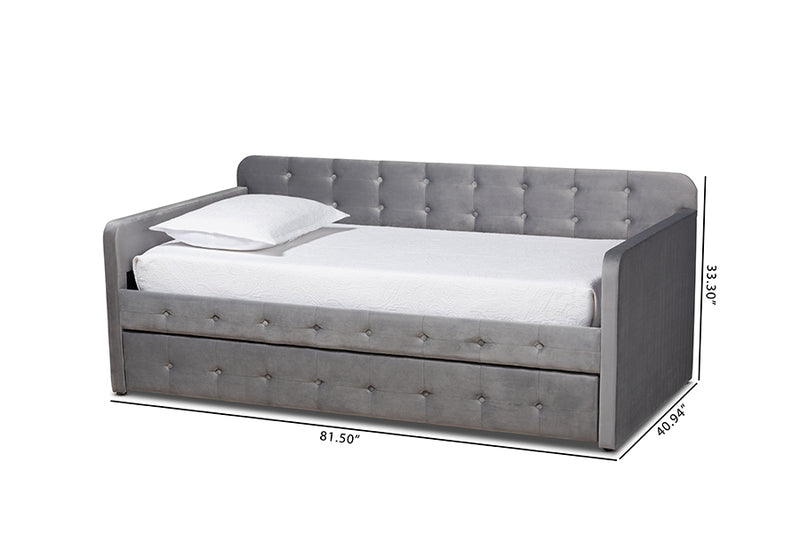 Avery Modern and Contemporary Gray Velvet Fabric Upholstered and Button Tufted Twin Size Daybed w/Trundle