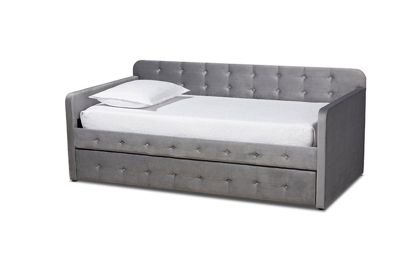 Avery Modern and Contemporary Gray Velvet Fabric Upholstered and Button Tufted Twin Size Daybed w/Trundle