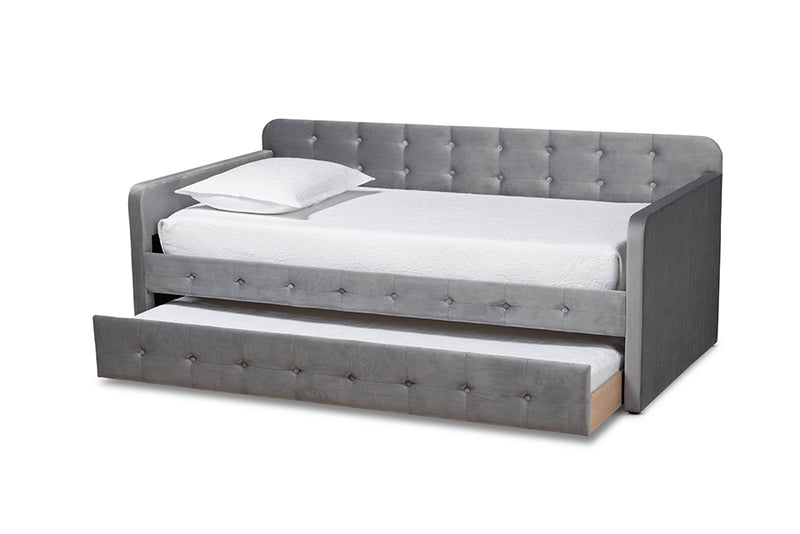 Avery Modern and Contemporary Gray Velvet Fabric Upholstered and Button Tufted Twin Size Daybed w/Trundle