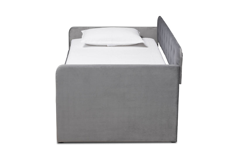 Avery Modern and Contemporary Gray Velvet Fabric Upholstered and Button Tufted Twin Size Daybed w/Trundle