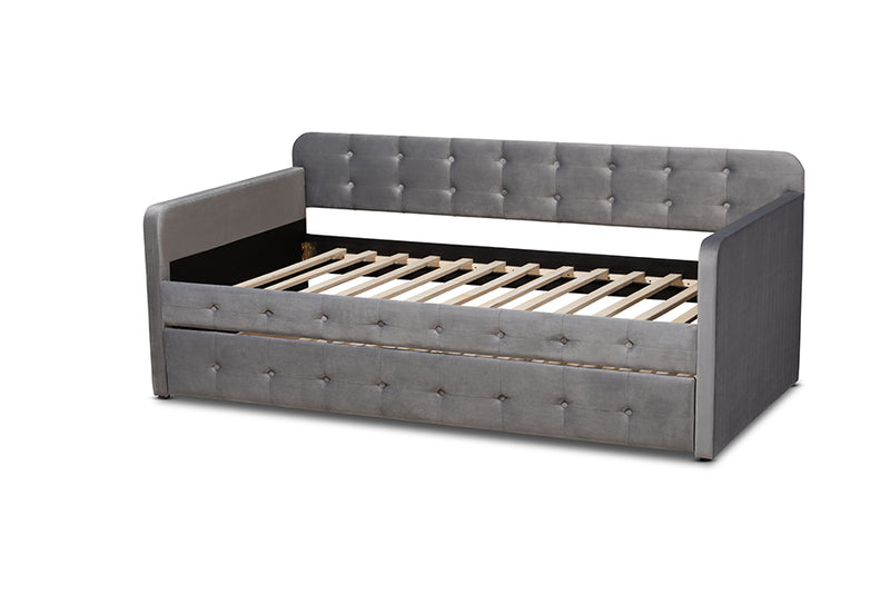 Avery Modern and Contemporary Gray Velvet Fabric Upholstered and Button Tufted Twin Size Daybed w/Trundle