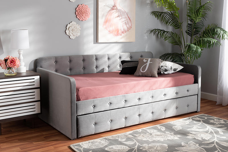 Avery Modern and Contemporary Gray Velvet Fabric Upholstered and Button Tufted Twin Size Daybed w/Trundle