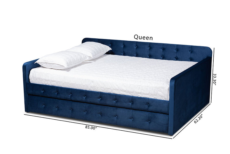 Avery Navy Blue Velvet Fabric Button Tufted Queen Size Daybed w/Trundle Baxton