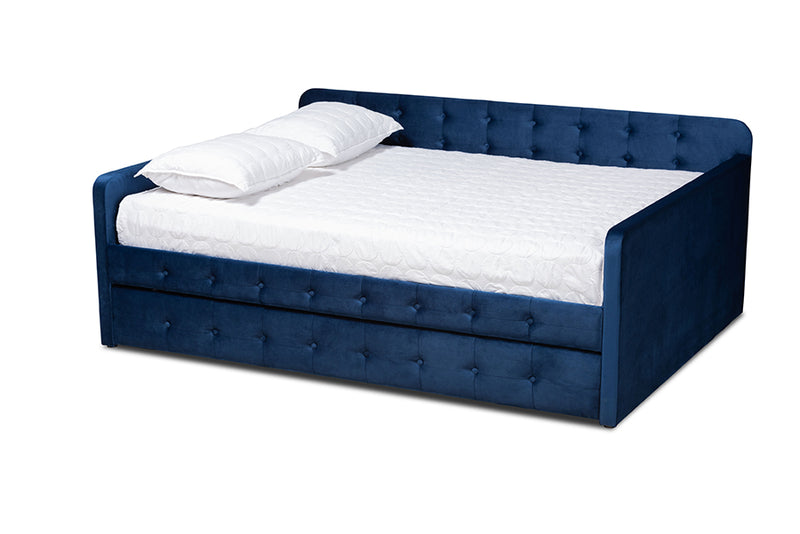 Avery Modern and Contemporary Navy Blue Velvet Fabric Upholstered and Button Tufted Full Size Daybed w/Trundle