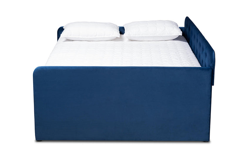 Avery Navy Blue Velvet Fabric Button Tufted Queen Size Daybed w/Trundle Baxton