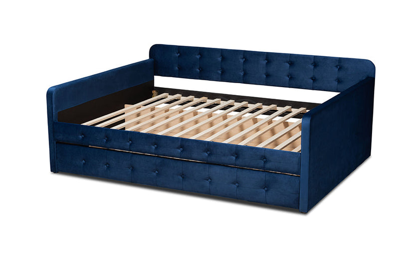 Avery Navy Blue Velvet Fabric Button Tufted Queen Size Daybed w/Trundle Baxton