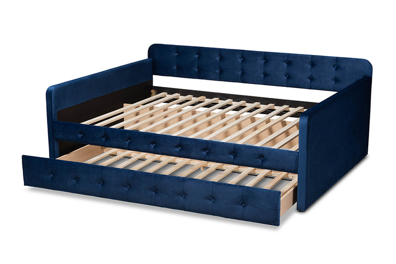 Avery Modern and Contemporary Navy Blue Velvet Fabric Upholstered and Button Tufted Full Size Daybed w/Trundle