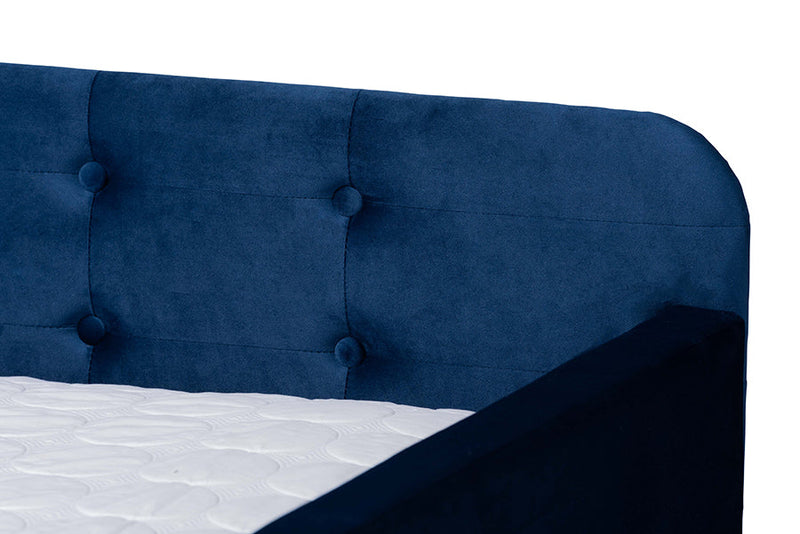 Avery Navy Blue Velvet Fabric Button Tufted Queen Size Daybed w/Trundle Baxton