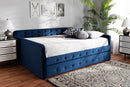 Avery Navy Blue Velvet Fabric Button Tufted Queen Size Daybed w/Trundle Baxton