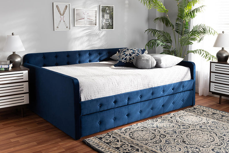 Avery Navy Blue Velvet Fabric Button Tufted Queen Size Daybed w/Trundle Baxton