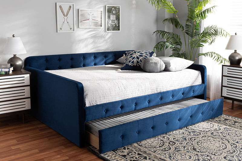 Avery Modern and Contemporary Navy Blue Velvet Fabric Upholstered and Button Tufted Full Size Daybed w/Trundle