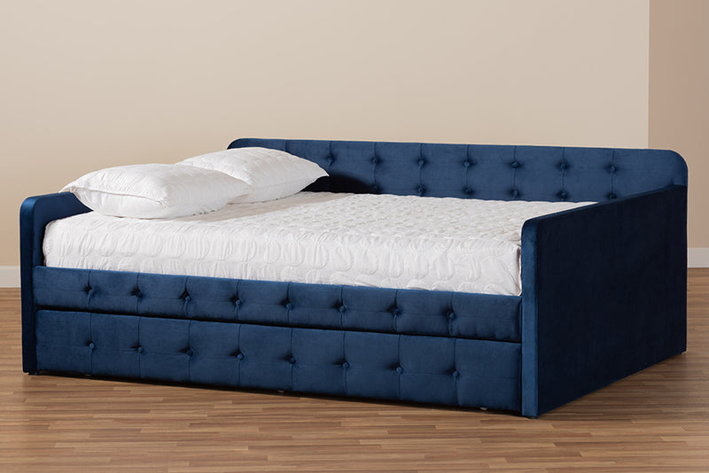 Avery Modern and Contemporary Navy Blue Velvet Fabric Upholstered and Button Tufted Full Size Daybed w/Trundle