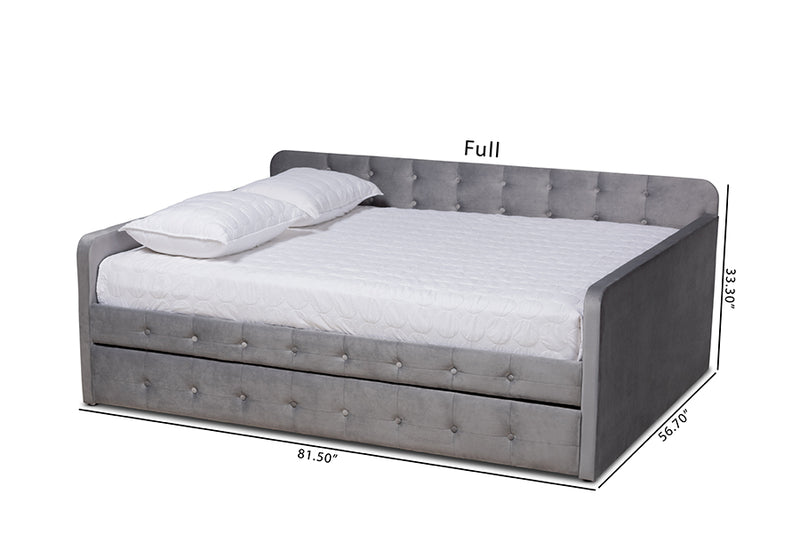 Avery Modern and Contemporary Gray Velvet Fabric Upholstered and Button Tufted Full Size Daybed w/Trundle