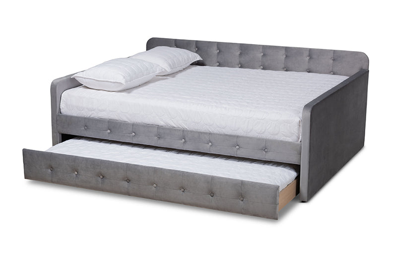 Avery Modern and Contemporary Gray Velvet Fabric Upholstered and Button Tufted Full Size Daybed w/Trundle