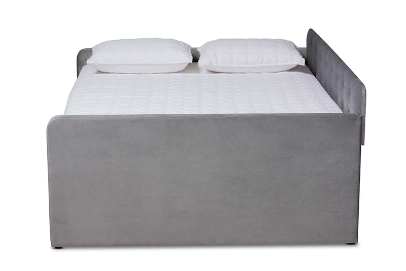 Avery Modern and Contemporary Gray Velvet Fabric Upholstered and Button Tufted Full Size Daybed w/Trundle