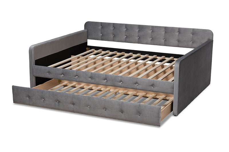 Avery Gray Velvet Fabric Button Tufted Queen Size Daybed w/Trundle Baxton