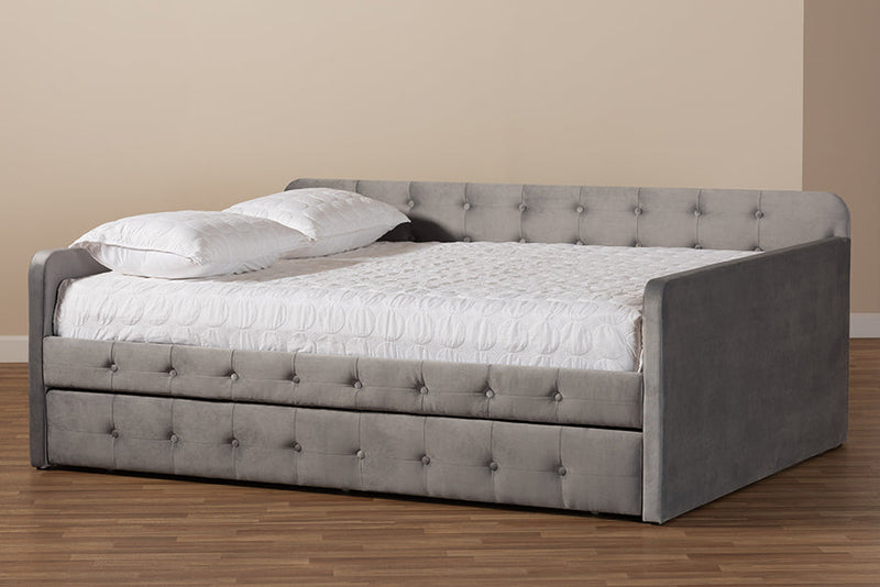 Avery Gray Velvet Fabric Button Tufted Queen Size Daybed w/Trundle Baxton