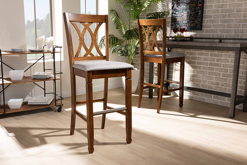 Itami Modern and Contemporary Gray Fabric Upholstered and Walnut Brown Finished Wood 2-Piece Bar Stool Set