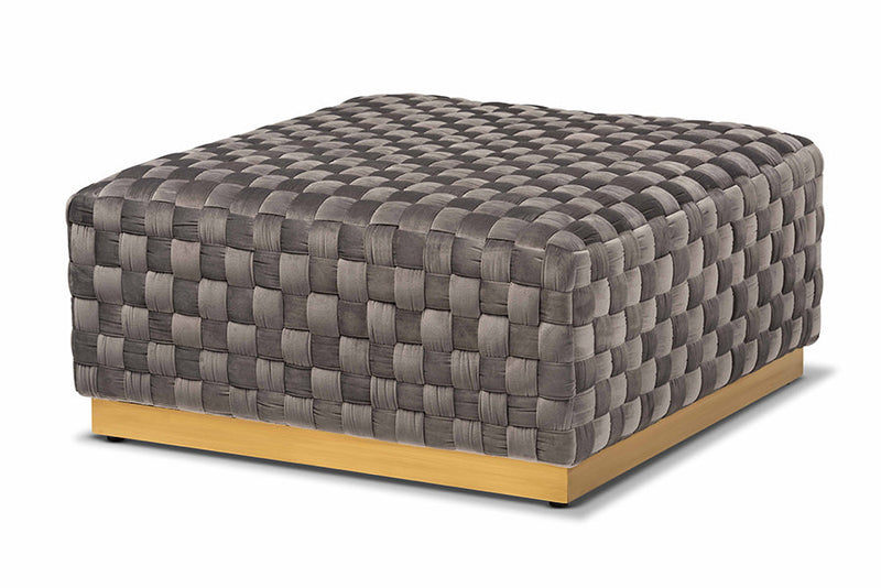 Jerica Gray Velvet Fabric Upholstered and Gold Finished Square Cocktail Ottoman Baxton