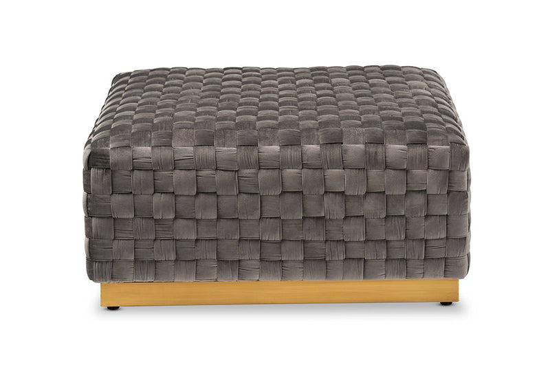 Jerica Gray Velvet Fabric Upholstered and Gold Finished Square Cocktail Ottoman Baxton