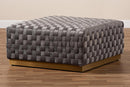 Jerica Gray Velvet Fabric Upholstered and Gold Finished Square Cocktail Ottoman Baxton