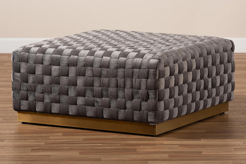Jerica Gray Velvet Fabric Upholstered and Gold Finished Square Cocktail Ottoman Baxton