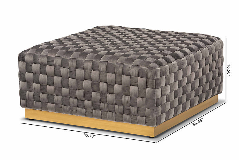 Jerica Gray Velvet Fabric Upholstered and Gold Finished Square Cocktail Ottoman Baxton
