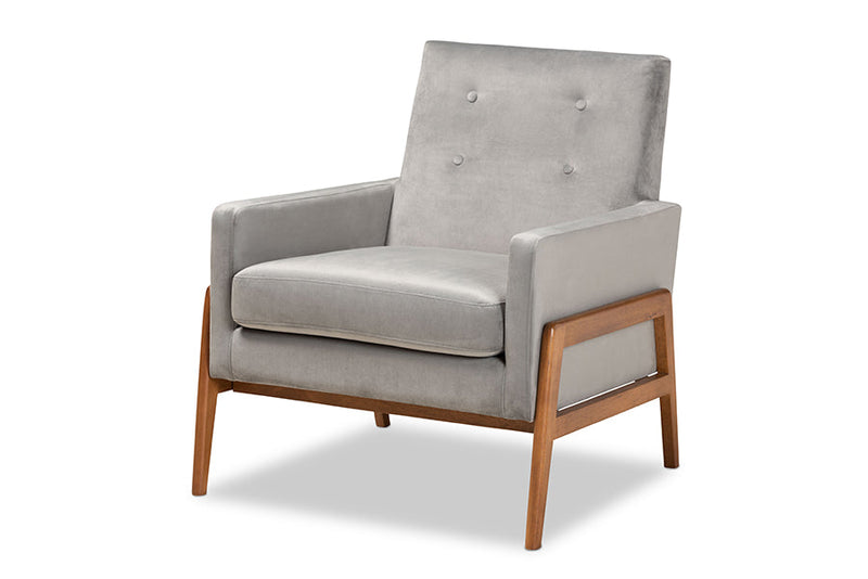 Maddock Gray Velvet Fabric Walnut Brown Lounge Chair Baxton