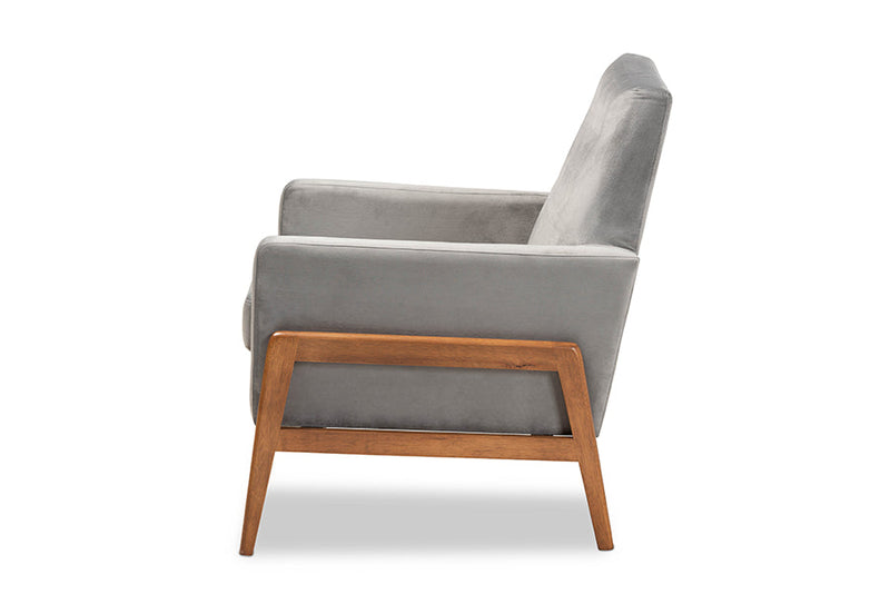 Maddock Gray Velvet Fabric Walnut Brown Lounge Chair Baxton