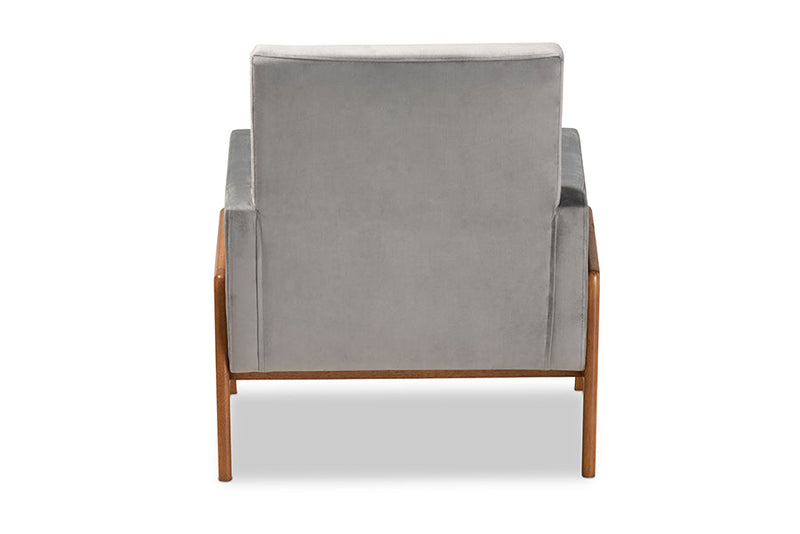 Maddock Gray Velvet Fabric Walnut Brown Lounge Chair Baxton