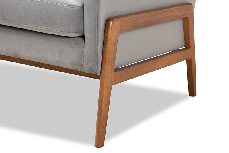 Maddock Gray Velvet Fabric Walnut Brown Lounge Chair Baxton